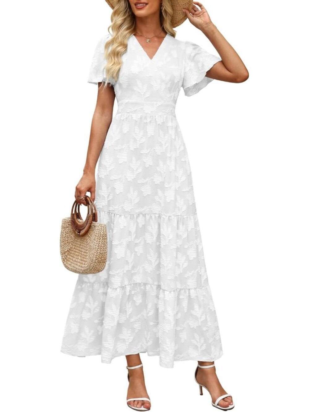 Women's White Short Flutter Sleeve V Neck Boho Floral Imported Maxi Dress